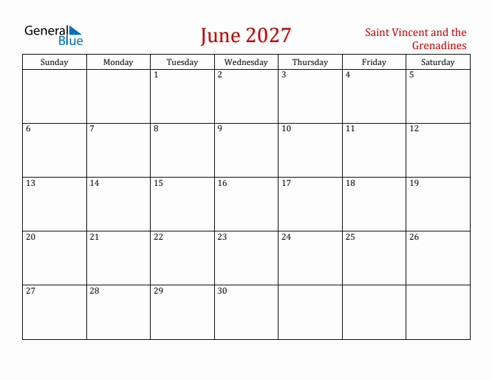 Saint Vincent and the Grenadines June 2027 Calendar - Sunday Start