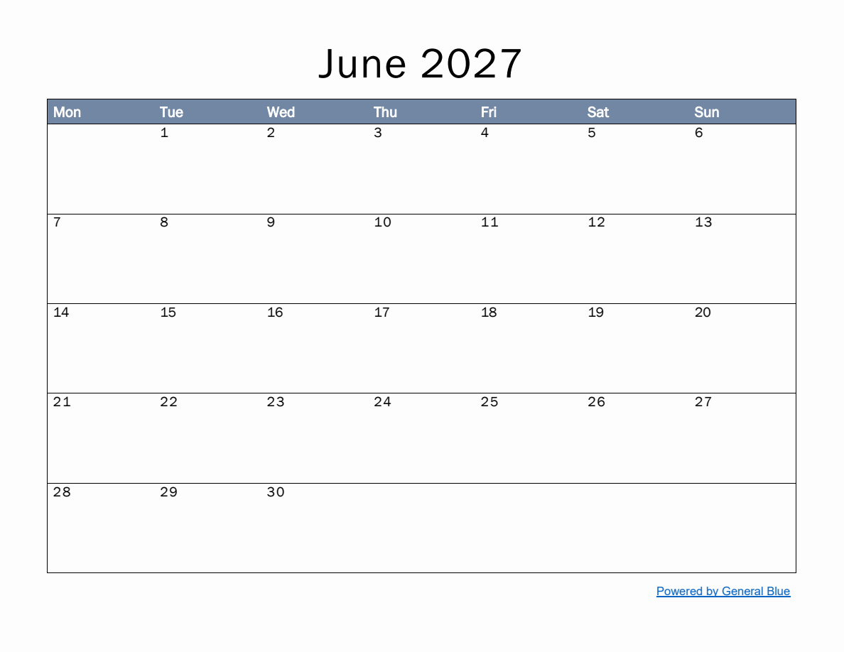 Monthly Calendar Template for June 2027