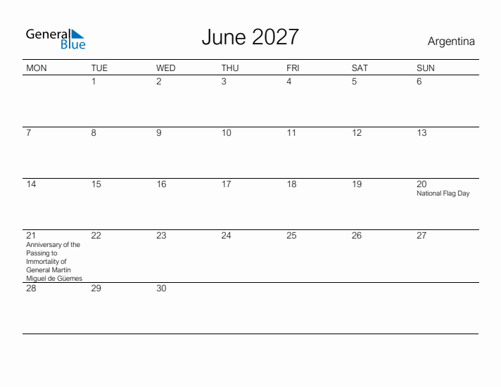 Printable June 2027 Calendar for Argentina