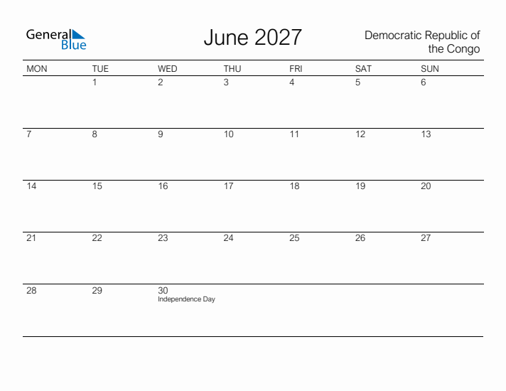 Printable June 2027 Calendar for Democratic Republic of the Congo