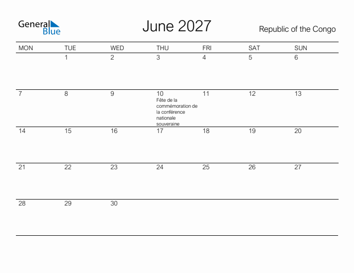 Printable June 2027 Calendar for Republic of the Congo