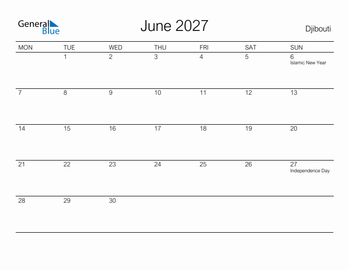 Printable June 2027 Calendar for Djibouti