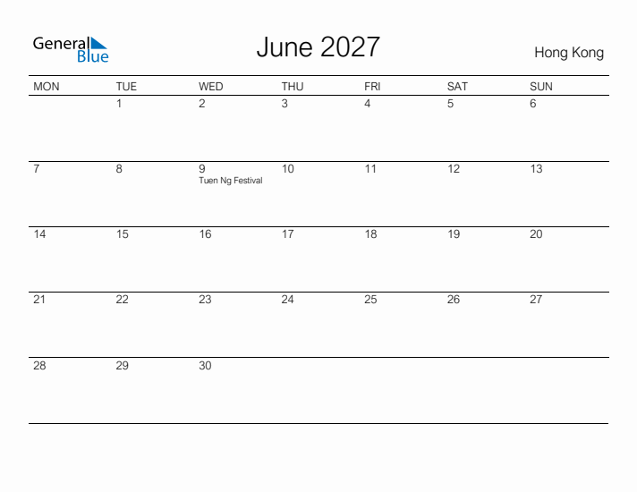 Printable June 2027 Calendar for Hong Kong
