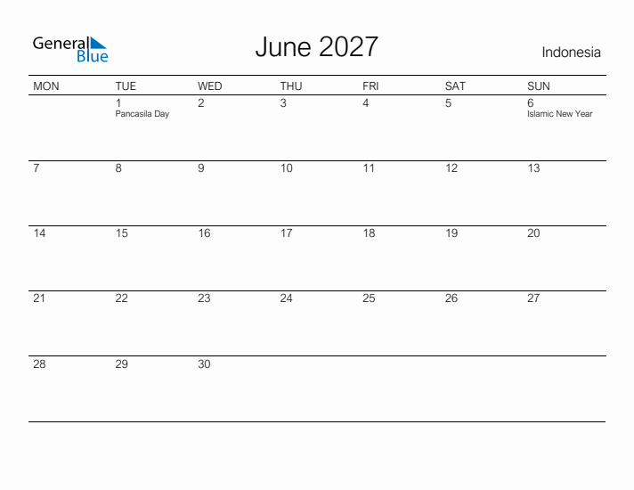 Printable June 2027 Calendar for Indonesia