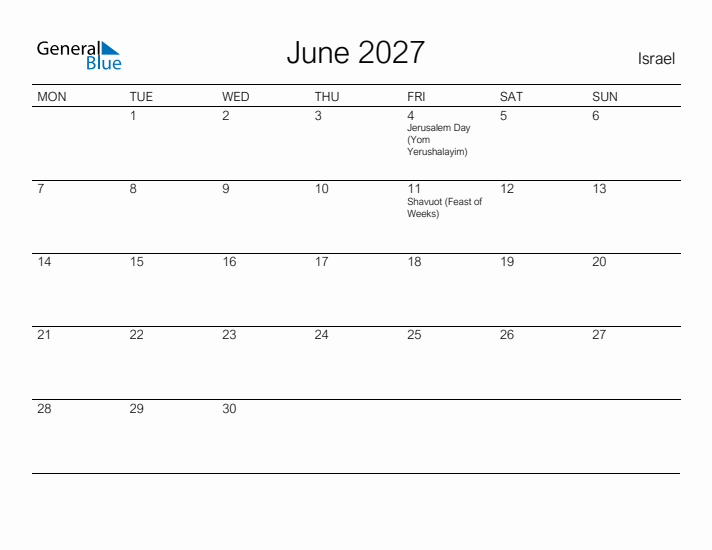 Printable June 2027 Calendar for Israel
