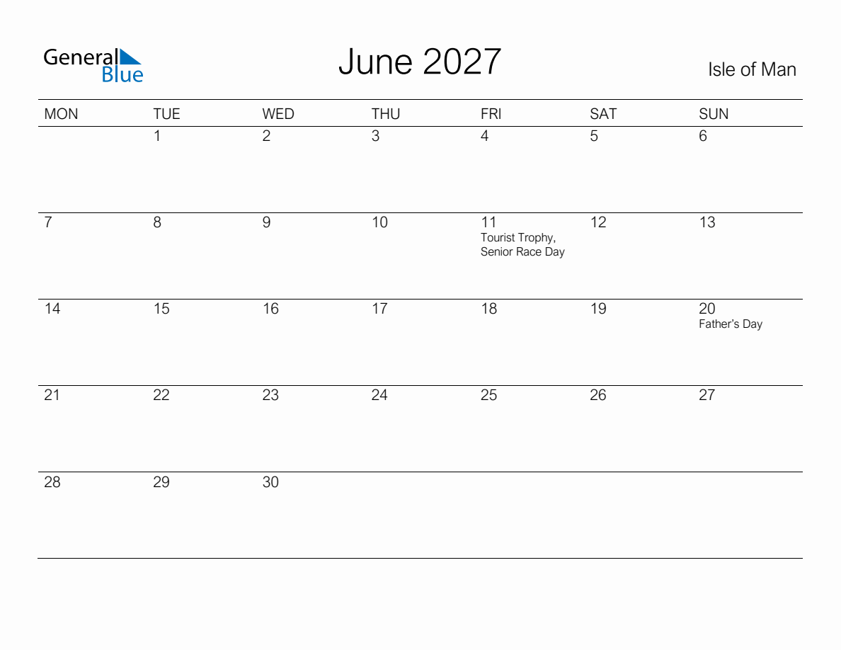 Printable June 2027 Monthly Calendar with Holidays for Isle of Man