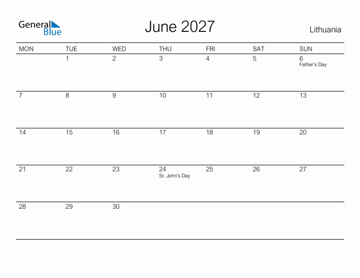 Printable June 2027 Calendar for Lithuania