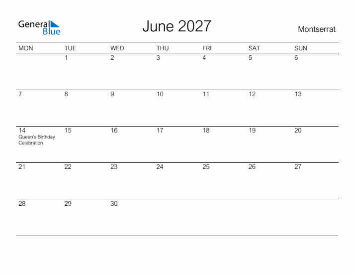 Printable June 2027 Calendar for Montserrat