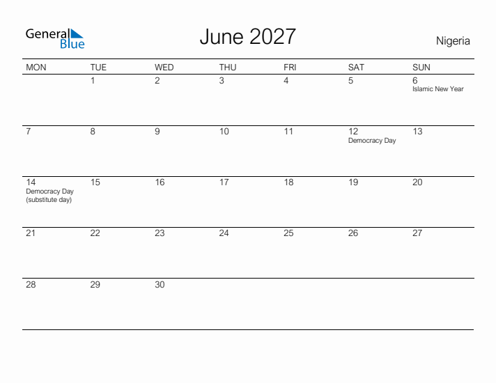 Printable June 2027 Calendar for Nigeria