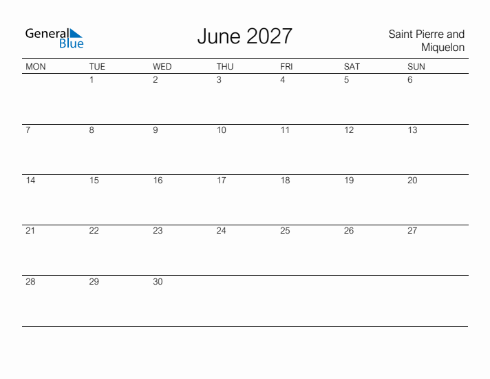 Printable June 2027 Calendar for Saint Pierre and Miquelon