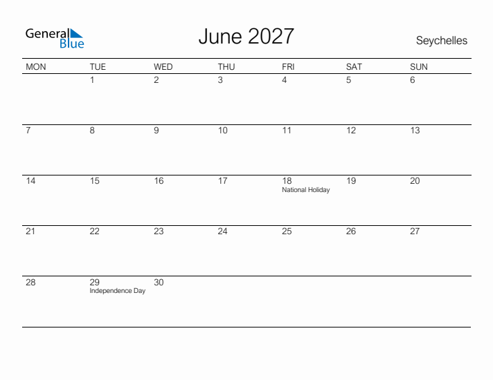 Printable June 2027 Calendar for Seychelles