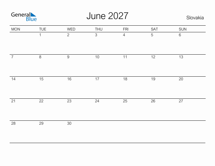 Printable June 2027 Calendar for Slovakia