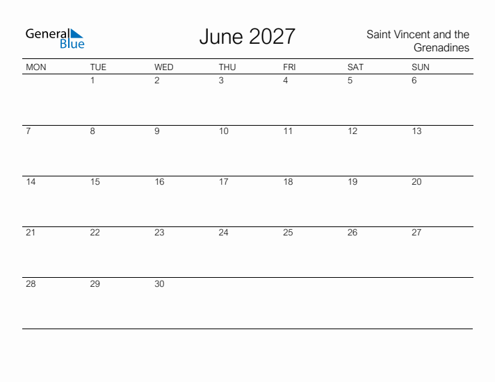 Printable June 2027 Calendar for Saint Vincent and the Grenadines