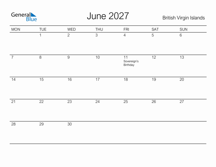 Printable June 2027 Calendar for British Virgin Islands
