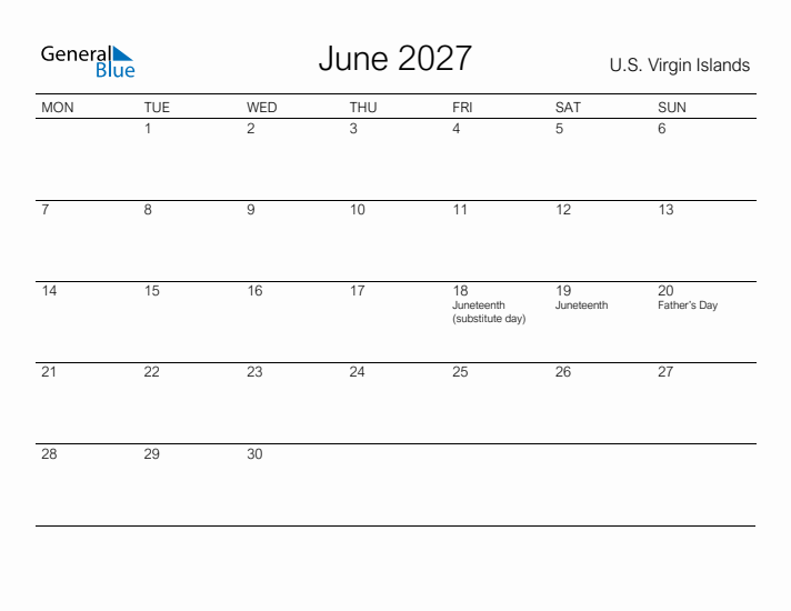 Printable June 2027 Calendar for U.S. Virgin Islands