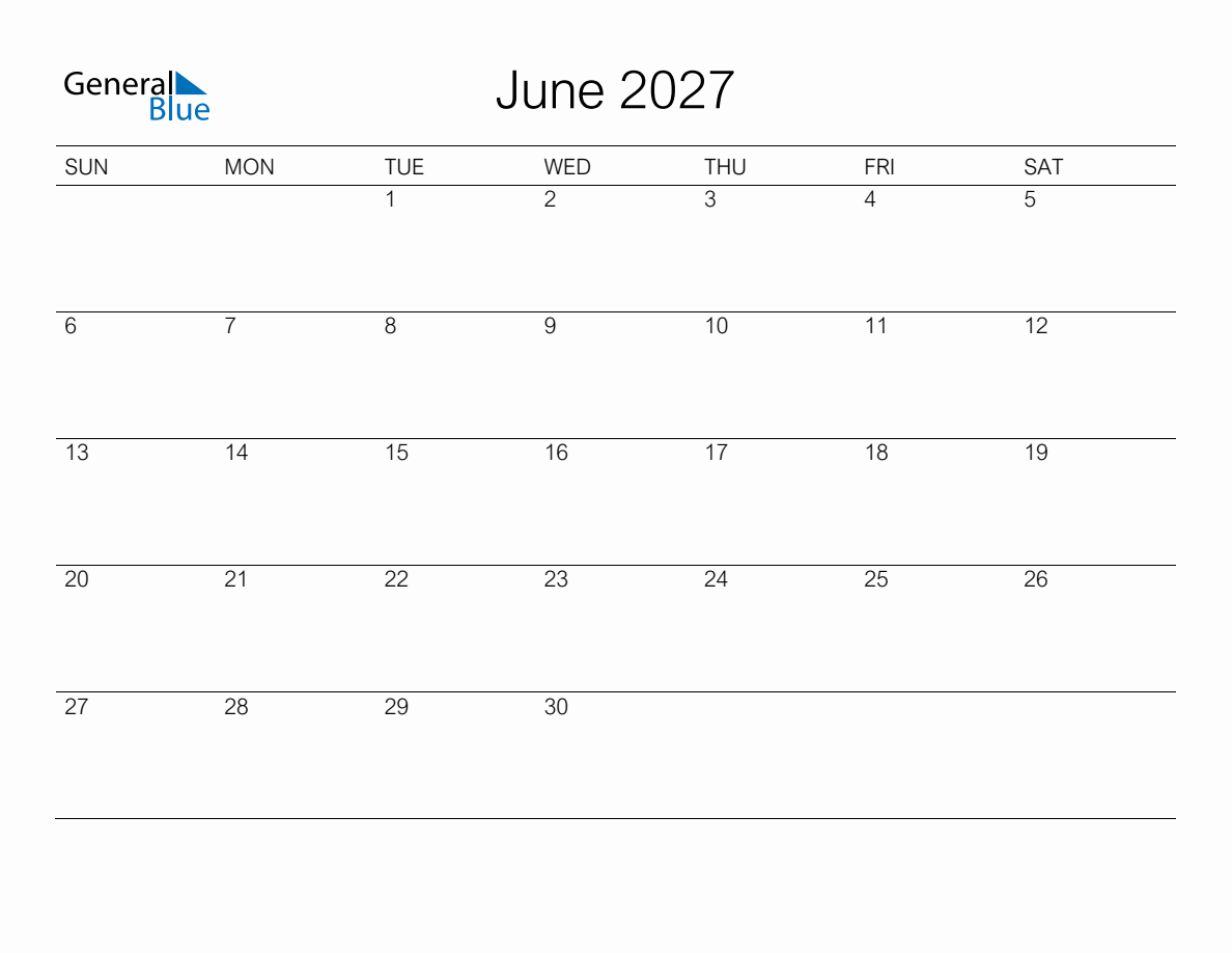 Printable June 2027 Monthly Calendar
