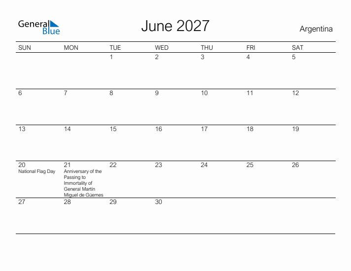 Printable June 2027 Calendar for Argentina