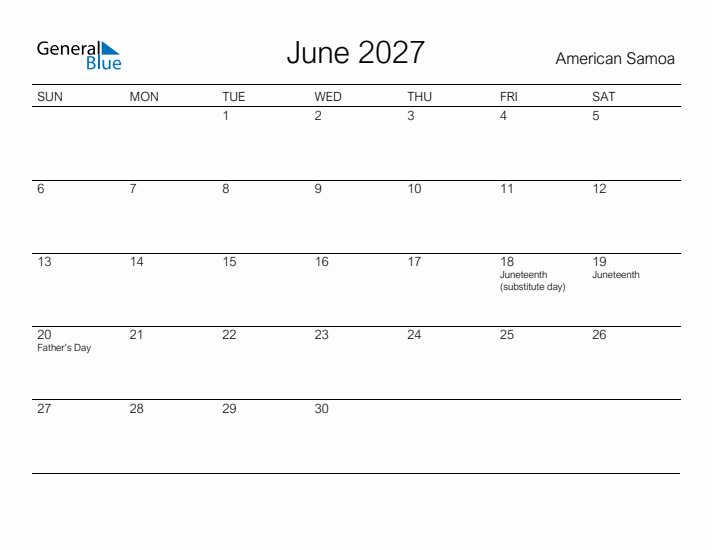 Printable June 2027 Calendar for American Samoa