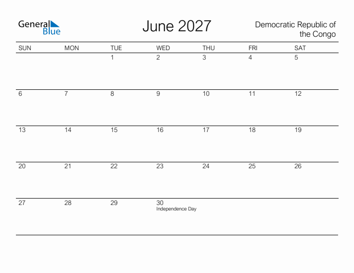 Printable June 2027 Calendar for Democratic Republic of the Congo