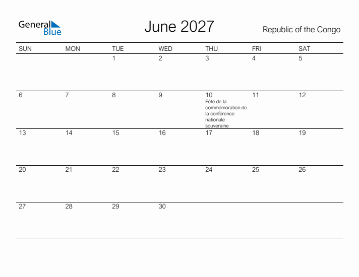 Printable June 2027 Calendar for Republic of the Congo