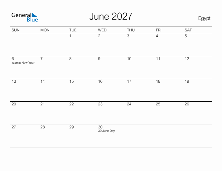 Printable June 2027 Calendar for Egypt