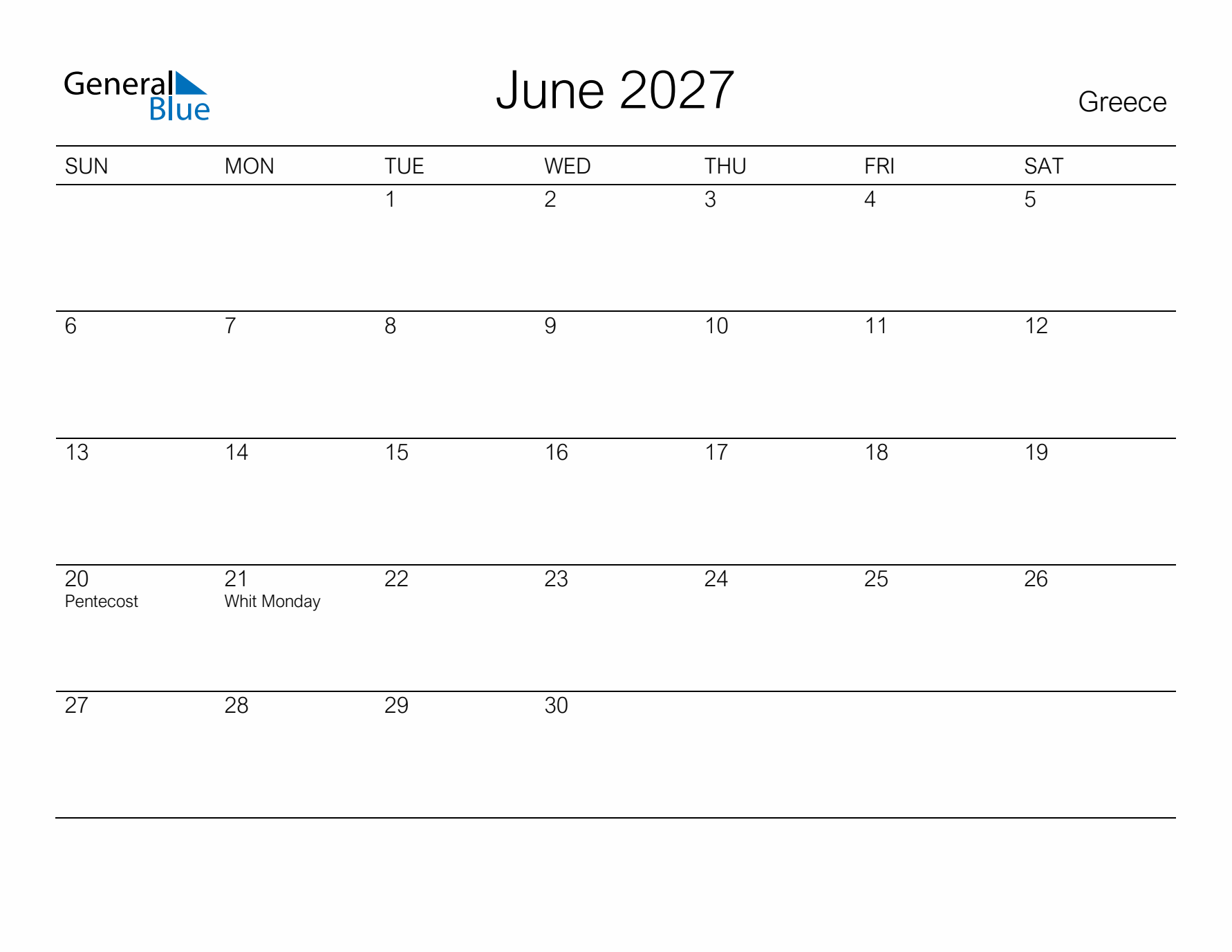 Printable June 2027 Calendar for Greece