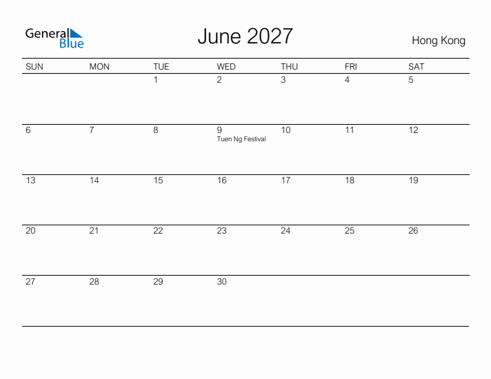 Printable June 2027 Calendar for Hong Kong