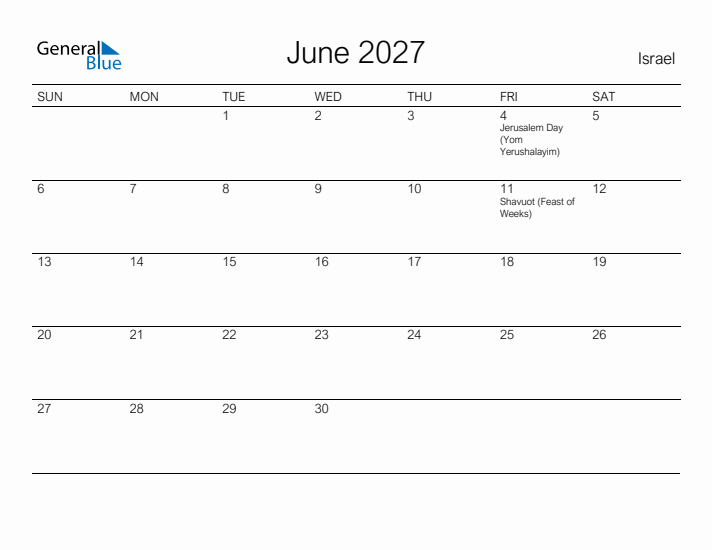 Printable June 2027 Calendar for Israel