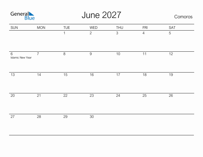Printable June 2027 Calendar for Comoros