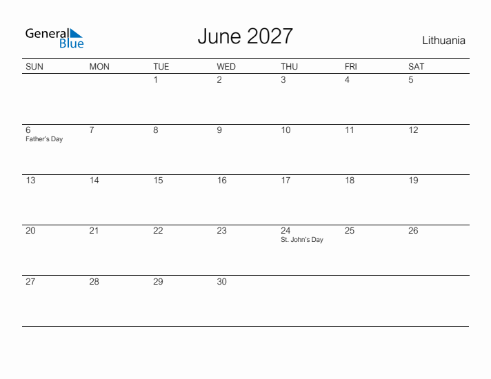 Printable June 2027 Calendar for Lithuania