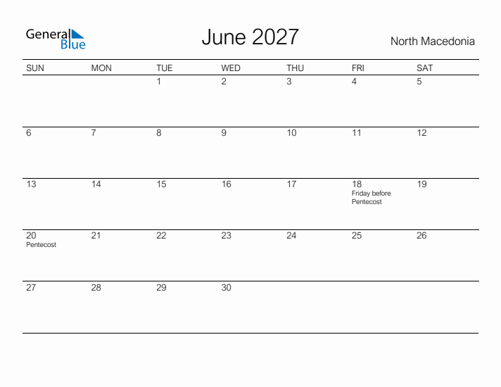 Printable June 2027 Calendar for North Macedonia