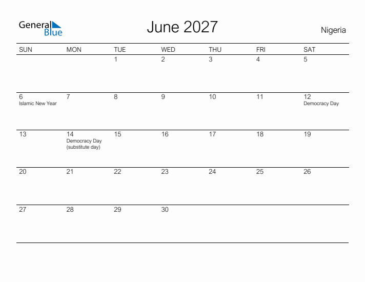 Printable June 2027 Calendar for Nigeria