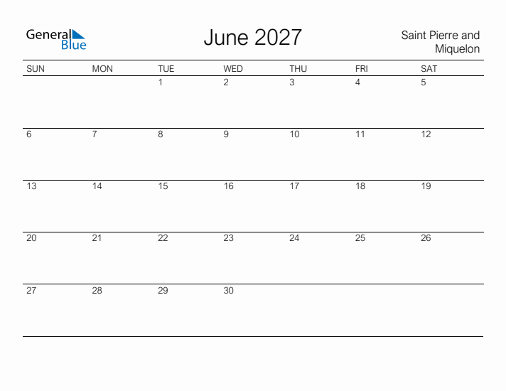 Printable June 2027 Calendar for Saint Pierre and Miquelon