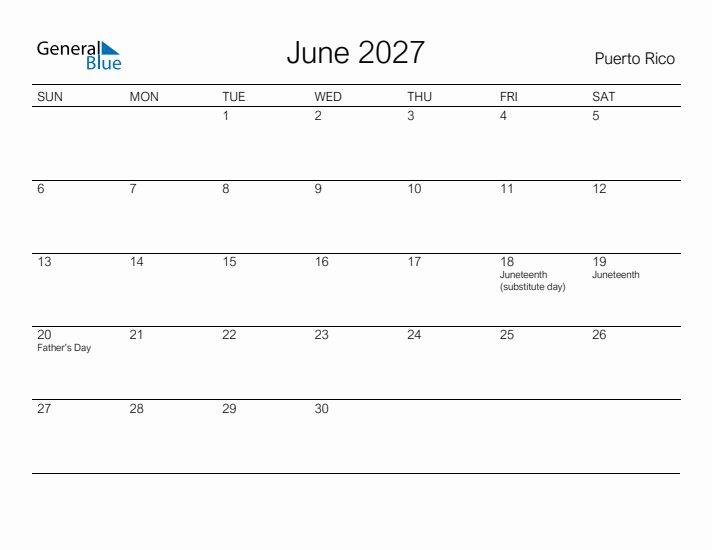 Printable June 2027 Calendar for Puerto Rico