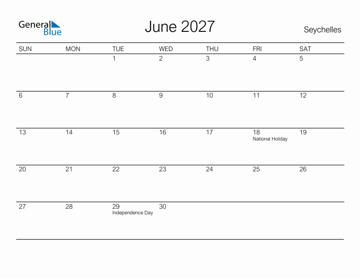 Printable June 2027 Calendar for Seychelles