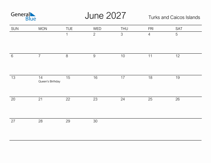 Printable June 2027 Calendar for Turks and Caicos Islands