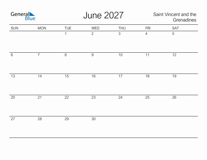 Printable June 2027 Calendar for Saint Vincent and the Grenadines