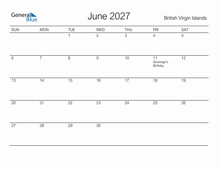 Printable June 2027 Calendar for British Virgin Islands