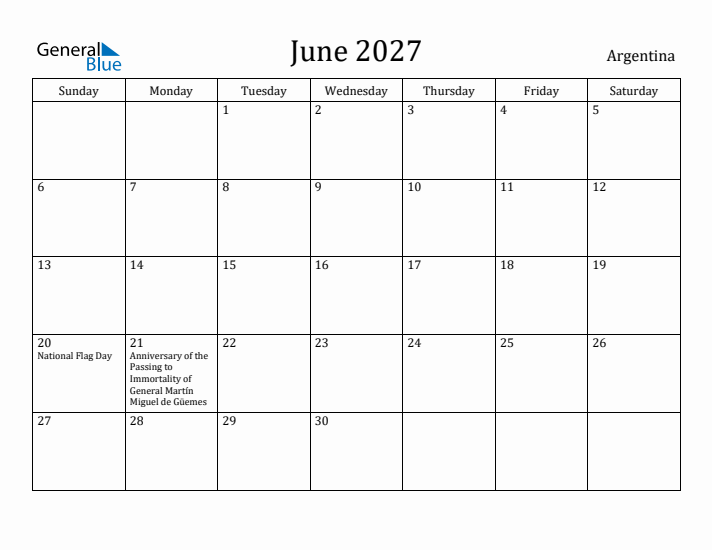 June 2027 Calendar Argentina