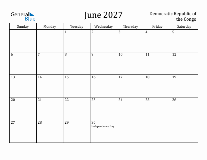 June 2027 Calendar Democratic Republic of the Congo