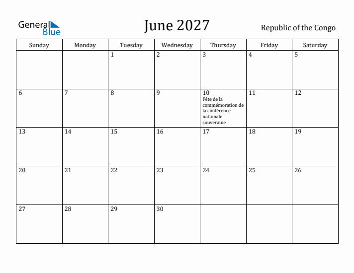 June 2027 Calendar Republic of the Congo