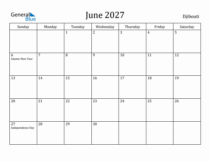 June 2027 Calendar Djibouti