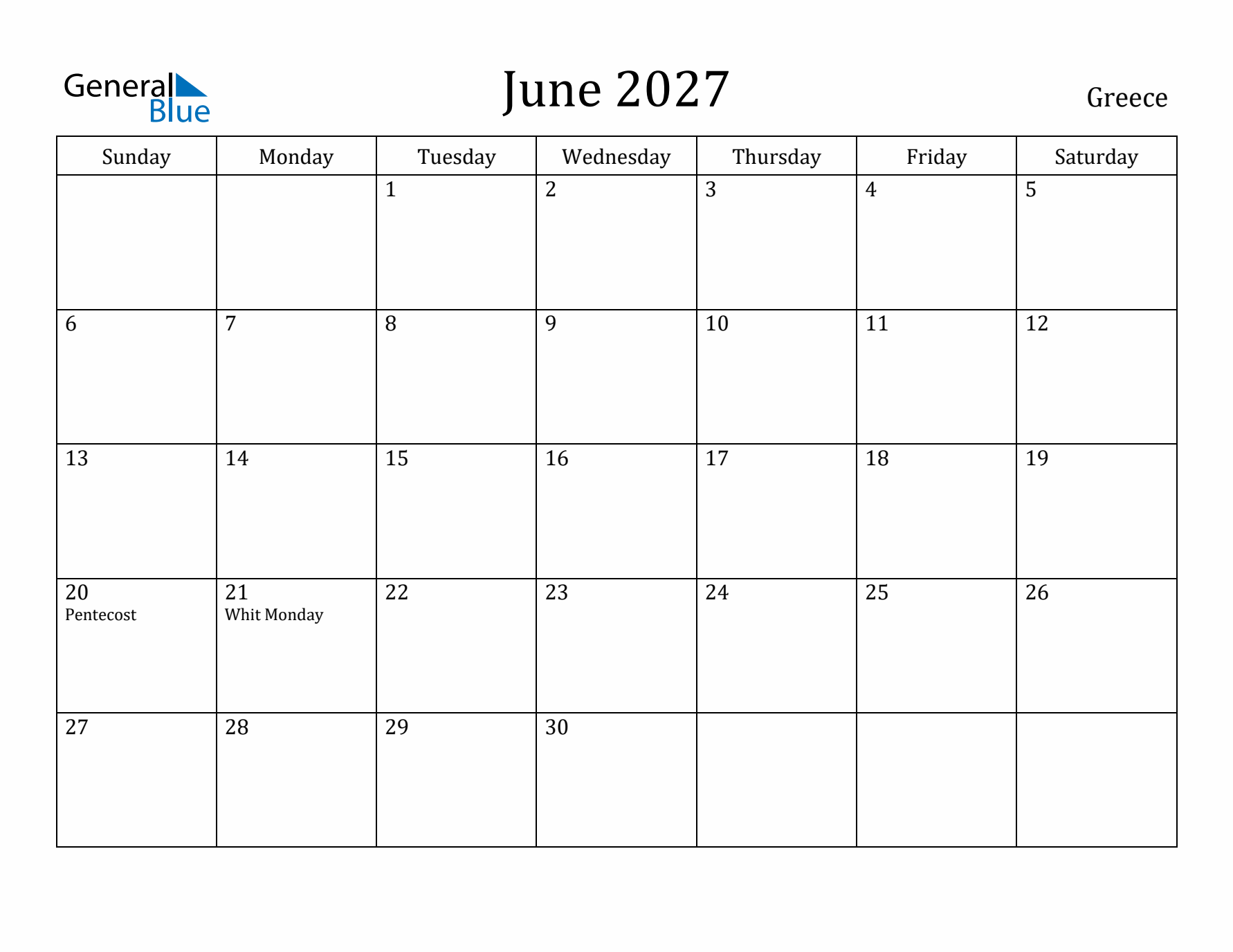 June 2027 Calendar Greece