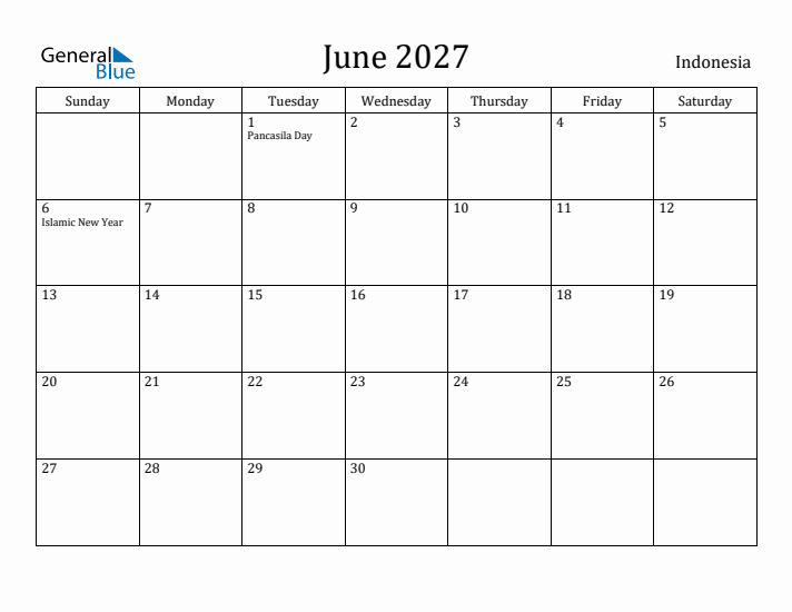 June 2027 Calendar Indonesia