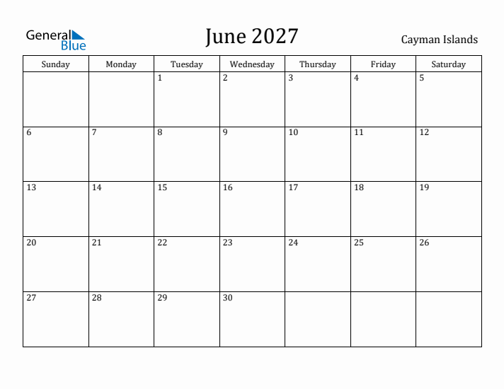 June 2027 Calendar Cayman Islands