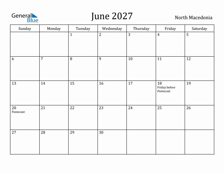 June 2027 Calendar North Macedonia