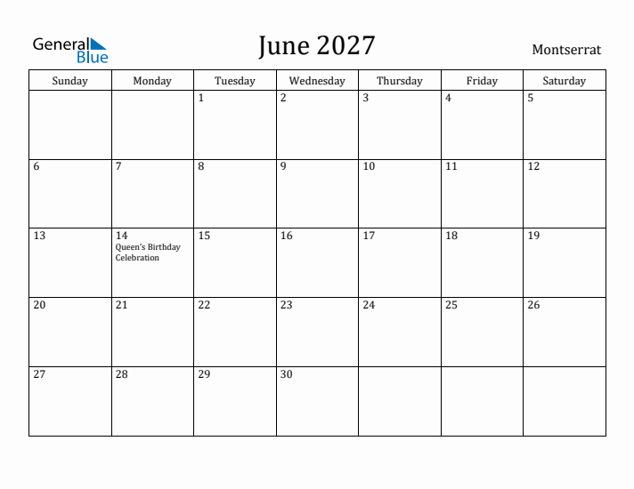 June 2027 Calendar Montserrat