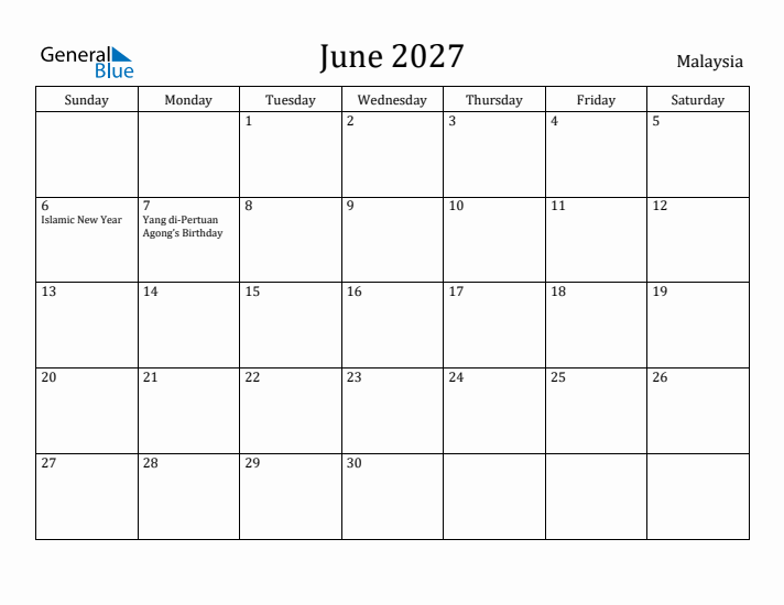 June 2027 Calendar Malaysia