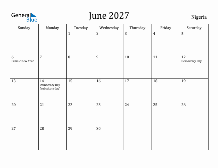 June 2027 Calendar Nigeria