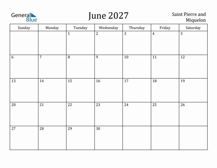 June 2027 Calendar Saint Pierre and Miquelon